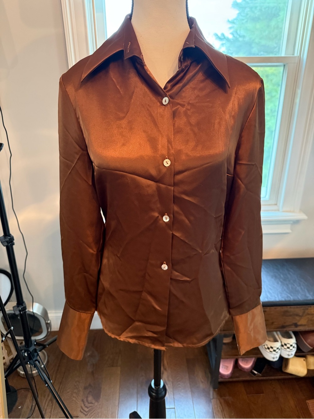 Zara Beautiful Satin Button-Front Women's Blouse - Brown Size Medium #Fall